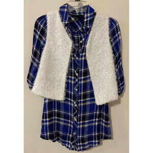 Amy Byer Girls Size 10 Blue Plaid Full Button Tunic Style Shirt w/Vest! A4368
